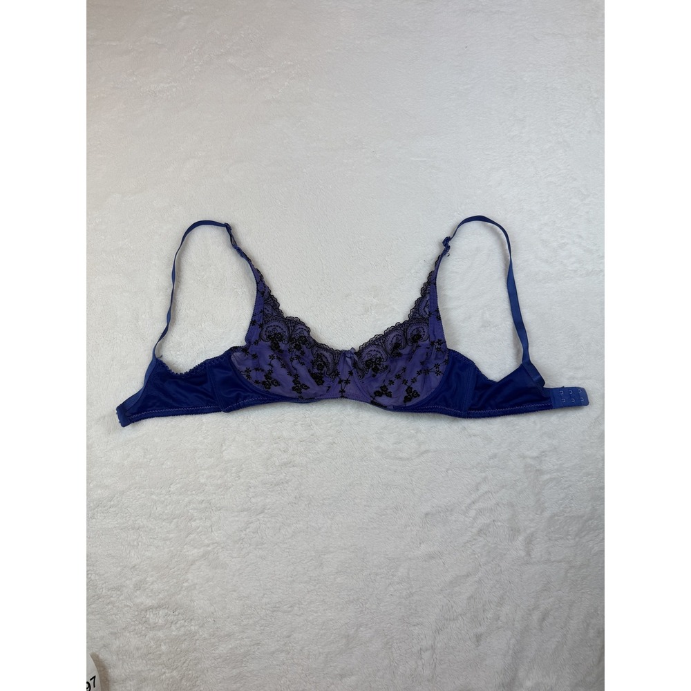Fredericks of Hollywood Blue Purple Embroidered Underwire Bra 34C Floral Lace